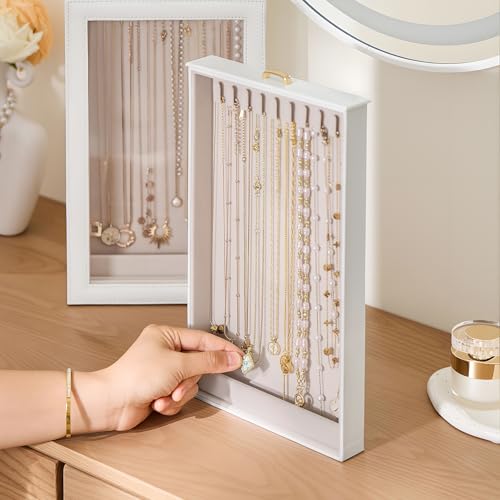 Lolalet Necklace Organizer Box, Jewelry Display Case, White, 2 Layers - color: White, size: 2 Layers, 20 Hooks