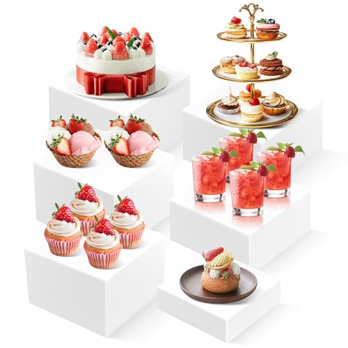 6PCS White Buffet Risers for Buffet Table Display and Stands,Dessert Table Display Set,Collectibles Jewelry Display Stand, Food Stands for Display Party，Acrylic Cube Boxes big size (8"-7"-6"-5"-4"-3") - color: white-6pcs
