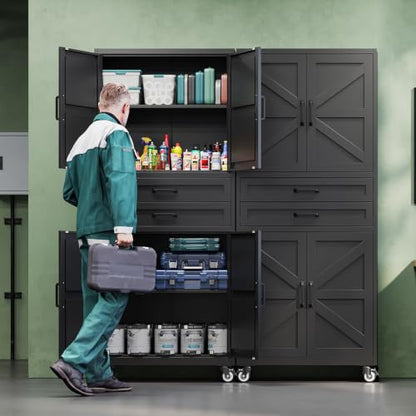 Letaya Metal Garage Storage Cabinets with Wheels,Black Rolling Tool Cabinet - color: Black, size: 16” D x 31.5” W x 73” H
