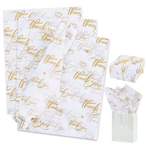 BEISHIDA Thank You Tissue Paper Bulk, White and Gold Wrapping Tissue Paper for Gift Bags, 14 x 20 Inch Gift Wrap for Birthday Wedding Graduation DIY Crafts Holiday Flowers,50 Sheets - color: tk-whitegold