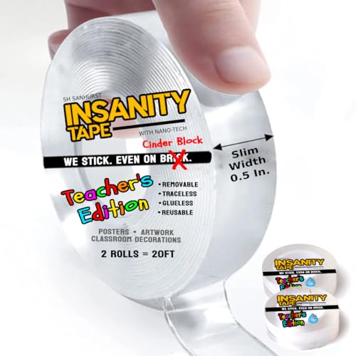 Insanity Removable Double Sided Tape Teacher's Edition - 2 Pack, Cinder Block, Dorm Rooms, Classrooms, Wall Adhesive Leaves No Marks When Removed, Hang Artwork, Posters, Crafts, Decorations, Hold Rugs