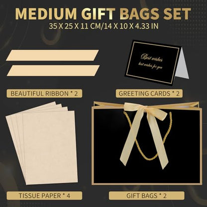 woric Black Gift Bags with Handles, 14" Medium Gift Bag with Tissue Paper - color: Black