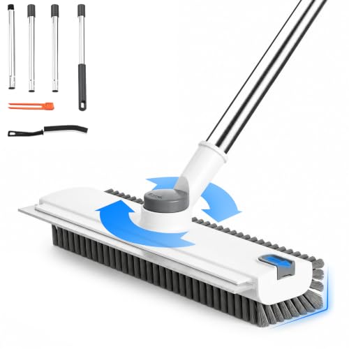 Floor Scrub Brush with Long Handle, 4 in 1 Shower Scrubber with Floor Squeegee and Heavy-Duty Stiff Bristle Push Broom for Cleaning Shower Bathroom Patio Pool Kitchen Wall Deck Tile Garage - color: White