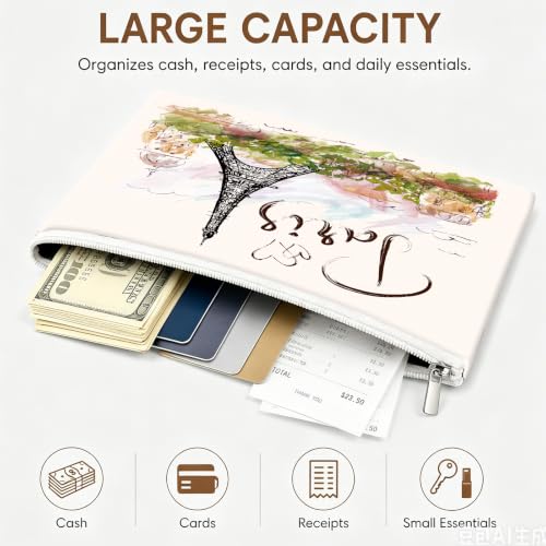Money Bag with Zipper, Cute PU Leather Cash Bags, Portable Bank Bag Money Pouch for Cash, Coins, Checks, Receipts, Invoices Cosmetics Tools, Deposit Bag for Office Travel, Paris - color: Paris