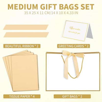 woric 2 Pcs White Gold Foil Gift Bags, 14" Medium Wedding Gift Bag - color: White with Gold Edge