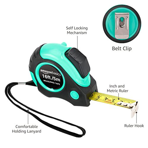 Amazon Basics Retractable Tape Measure with Metric and SAE Measurements, 16 ft / 192 in, Turquoise - color: Turquoise