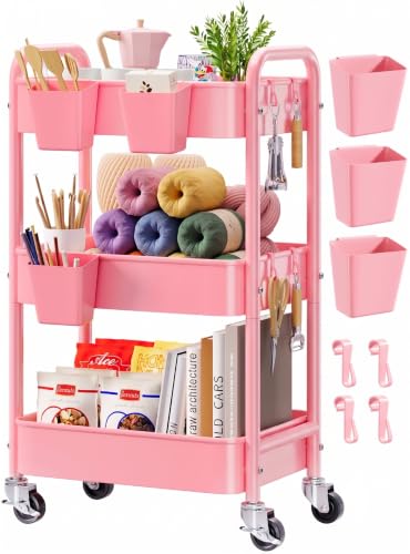 3 Tier Rolling Cart Metal with Lockable Wheels,Pink Baby Diaper Caddy Carts - color: Soft Pink, size: 3 Tier + Cups + Hooks