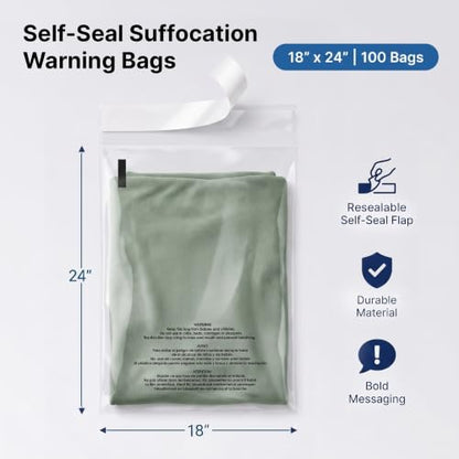 18” X 24” (100 Count) Self Seal Clear Poly Bags with Suffocation Warning - size: 18" X 24"