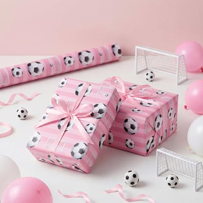 RUSPEPA Soccer Wrapping Paper Roll, Mini Roll, Pink Football Ball & Goal Design Gift Wrap Paper for Girls, Kids, Sports Fans, Soccer Party, Team Celebration, Game Day, 17 Inches x 16.4 Feet - color: Pink Soccer