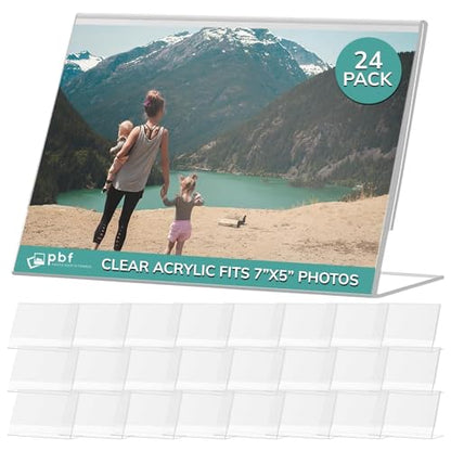 pbf 7x5 Acrylic Sign Holder | 7 x 5 Horizontal Stand Up Slanted Sign Holder | Acrylic Stands for Display | Clear Picture Frame, Menu Table Top Stand, Plastic Flyer Holder (24-Pack) - size: 24