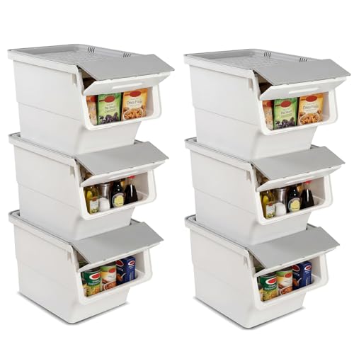 GIANTEX 6 Pack Plastic Stackable Storage Bins with Lids & Wheels, 12.5 QT - color: White + Gray, size: 6 Pack, 12.5 QT