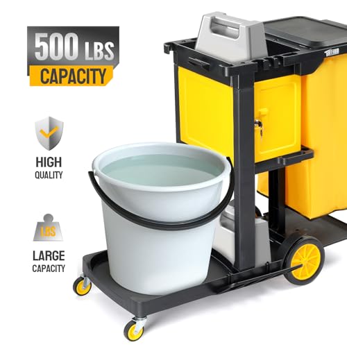 TUFFIOM Janitorial Cart with Key-Locking Cabinet, 3-Shelf Commercial Cleaning Cart, Housekeeping Caddy with Locker,Wheeled with Yellow Vinyl Bag, Black, Great for Hotel, Stores, Schools, and Business - color: Black