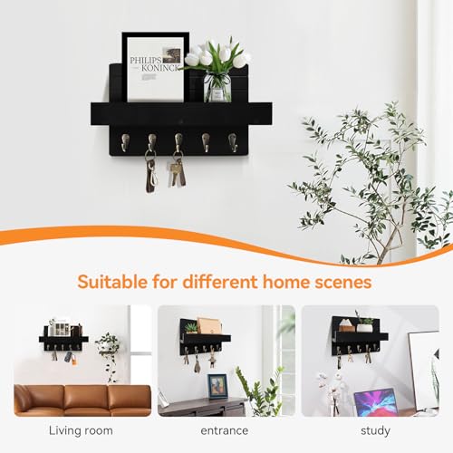 Key Holder Wall Mount, Decorative Key Rack with Shelf & 5 Sturdy Hooks, Rustic Key Hooks for Wall for Mail Organizer Hanging Dog Leash, Glasses, Wooden Key Hanger with Mounting Hardware - size: 10.61in