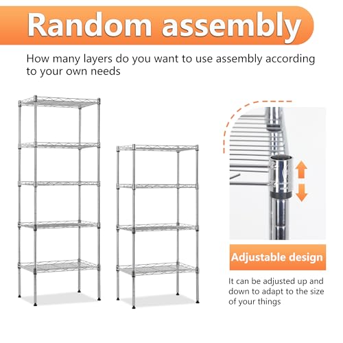 BestOffice | 5-Tier Wire Shelf | 17" x 12" x 48" | Chrome - color: Chrome, size: 17"D x 12"W x 48"H