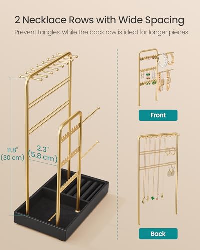 SONGMICS Jewelry Holder, Display Stand, Metal Frame, Velvet Tray - color: Pale Gold + Ink Black, size: 4.5"D x 7.7"W x 12.1"H
