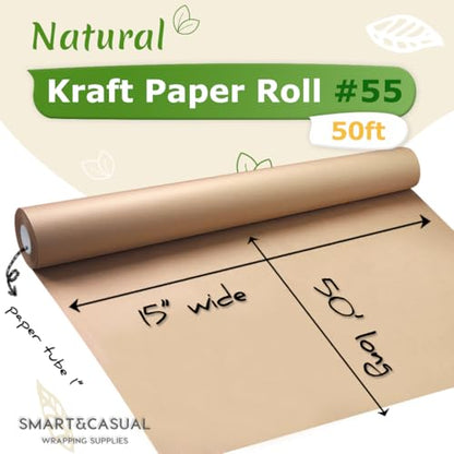 SMART&CASUAL 15" x 600" (50') Brown Kraft Paper Roll for Art Craft Supplies Gift Wrapping Moving Packing Painting Drawing Paint Easel Poster Chart Paper - color: Brown, size: 15"W x 600"L ( 50' )