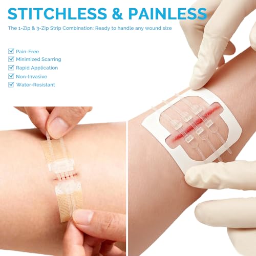Greetmed Emergency Wound Closure Strips - 16 Pack Laceration Closure Kit with 2 Types Zip Stitch Butterfly Bandage Sutures Kit - Painless, Stitchless Wound Repair for First Aid, Hiking, Camping & Home