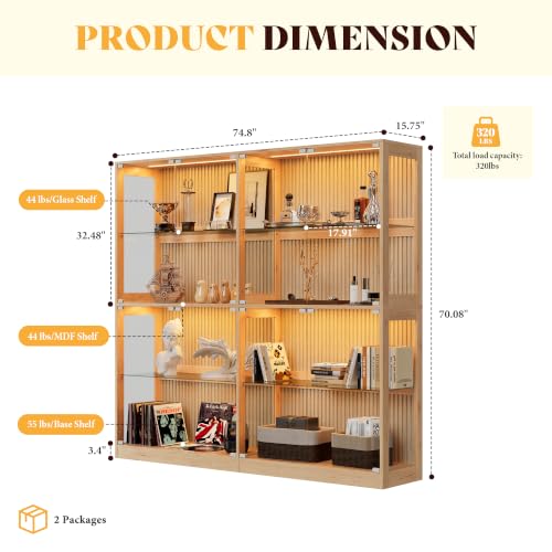AMERLIFE 75-Inch RGB Display Cabinet with Glass Shelves - color: Wood, size: 75×16×70in