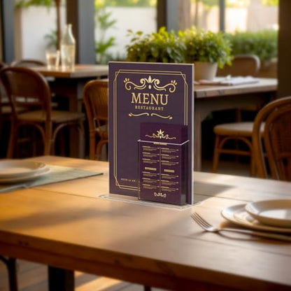 Marketing Holders Sign Holder for 8.5" x 11" Signs Countertop Display with 4" Wide Brochure Pocket for Graphic Images in Offices and Stores Clear Acrylic T Shaped Double Sided Bottom Load - size: 8.5"w x 11"h with Tri Fold