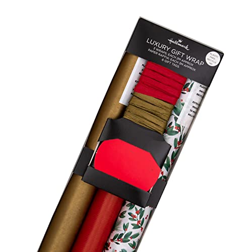 Hallmark Christmas Gifting Compendium, 3 Pack Wrapping Paper, 2M Each, 6 Gift Tags, 2 Raffia Ribbons, Festive Designs, Red, Gold Compendium Pack