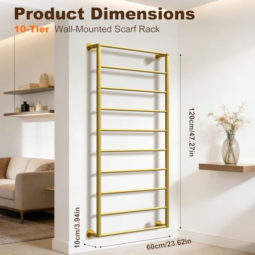 Wall Mounted Scarf Rack, Hijab Hanger Organizer (Gold, 10T-23.6×47.2IN) - size: 10-Tier (23.6×47.2IN)