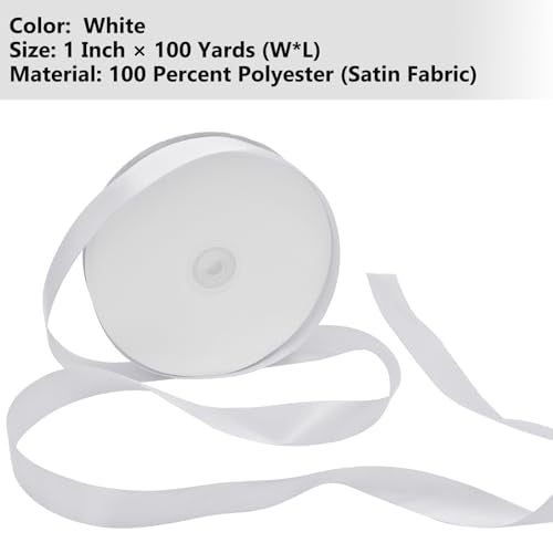 White Satin Ribbon 1 Inch 100 Yards, for Wedding Gift Wrapping - color: White