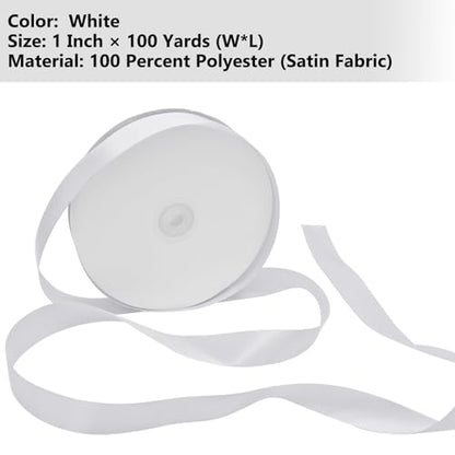 White Satin Ribbon 1 Inch 100 Yards, for Wedding Gift Wrapping - color: White
