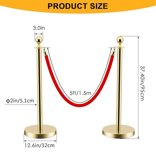 LOVMOR Stainless Steel Stanchion Post, 5 FT Red Carpet Ropes and Poles, 4 pcs Gold Stanchions with Red Rope, Hollow Base and Velvet Ropes Safety Barriers Set, Carpet Runner for Party - color: Gold-4pack