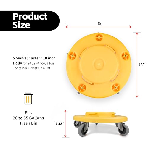 MaxWorks 18‑Inch Trash Can Dolly with 5 Swivel Casters High‑Visibility Yellow Rolling Base with Multi Size Compatibility for 20 to 55 Gallon Containers 250 lb Capacity Twist‑Lock Design (50933) - style: 20-55 Gal / 250lb capacity