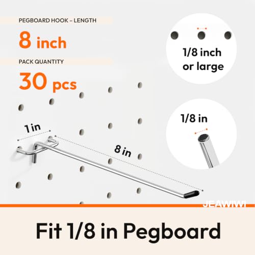 JEAWIWI 30 Pcs Metal Pegboard Hooks, 8 Inch, Fit 1/8 in Peg Board