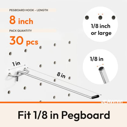 JEAWIWI 30 Pcs Metal Pegboard Hooks, 8 Inch, Fit 1/8 in Peg Board