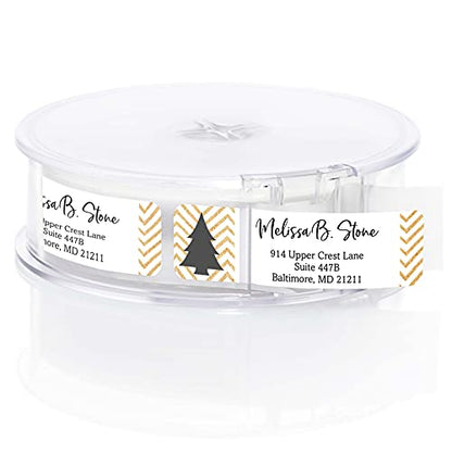 Black and Faux Gold Chevron Holiday Tree Rolled Address Labels/Roll of 500 Personalized Return Address Labels/Designer Return Address Stickers in Elegant Plastic Dispenser - size: 500 Labels, style: Black and Faux Gold Chevron