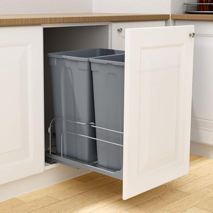 VEVOR Pull-Out Trash Can, 50 QT x2 Double Under Mount Kitchen Waste Container, Heavy Duty Garbage Recycling Bin with Door Kit and Soft Close Slide, for Kitchen Cabinet, Sink, Under Counter (Grey) - size: 100 QT (50 QT x 2), style: With Soft Close