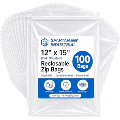 Spartan Industrial - 12" X 15" (100 Count) 2 Mil Clear Reclosable Zip Plastic Poly Bags with Resealable Lock Seal Zipper - size: 12” X 15”