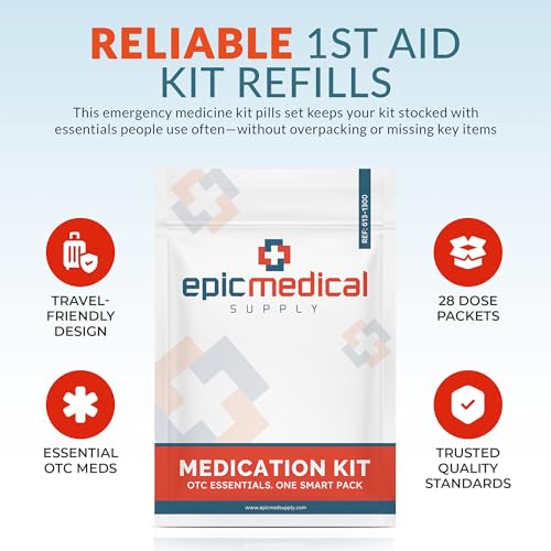 Epic Medical Supply First Aid Kit Medication Refill – 28-Count Unit Dose Packets – Emergency Medicine Kit Pills for 1st Aid Kit Refills, Travel, Office, Dorm, Camping – Assembled in USA