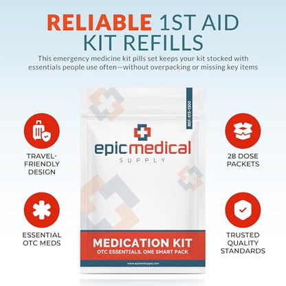 Epic Medical Supply First Aid Kit Medication Refill – 28-Count Unit Dose Packets – Emergency Medicine Kit Pills for 1st Aid Kit Refills, Travel, Office, Dorm, Camping – Assembled in USA