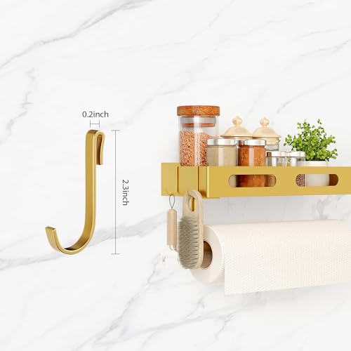 Paper Towel Holder Wall Mount for Kitchen, Paper Towel Holder with Shelf for Bathroom, RV Paper Towel Rack with 2 Hooks, Gold - color: Gold
