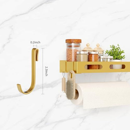 Paper Towel Holder Wall Mount for Kitchen, Paper Towel Holder with Shelf for Bathroom, RV Paper Towel Rack with 2 Hooks, Gold - color: Gold