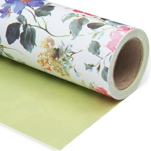 Cuitpan Reversible Floral Wrapping Paper Roll – Red & Pink Wildflowers, Light Green on Back Side, Gift Wrap for Wedding, Bridal Shower, Anniversary, Mother's Day, Birthday, 17 Inches x 16.5 Feet - color: Red/Pink -Wildflower