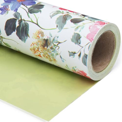 Cuitpan Reversible Floral Wrapping Paper Roll – Red & Pink Wildflowers, Light Green on Back Side, Gift Wrap for Wedding, Bridal Shower, Anniversary, Mother's Day, Birthday, 17 Inches x 16.5 Feet - color: Red/Pink -Wildflower