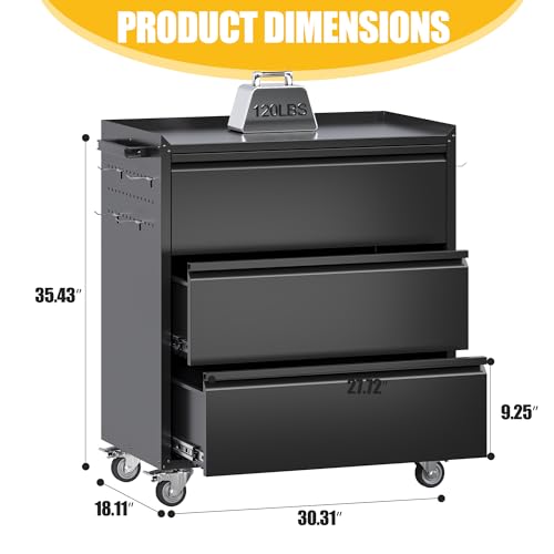 35.5" Rolling Tool Cabinet with 3 Drawers and Side Pegboards - color: Black, size: 18.1"D x 30.3"W x 35.5"H