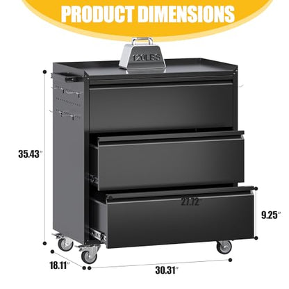 35.5" Rolling Tool Cabinet with 3 Drawers and Side Pegboards - color: Black, size: 18.1"D x 30.3"W x 35.5"H
