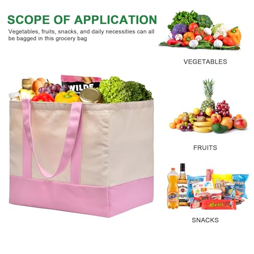 1-Pack Heavy Duty Canvas Reusable Grocery Bags, 8.3 Gal Foldable Large Tote with Handles, Washable Eco-friendly Bags with 5 Pockets, (Pink/Beige) - color: [A1] Off White / Pink/B, size: 1 Pack