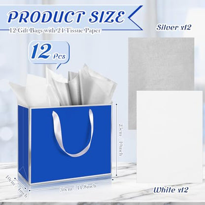 ReliThick 12 Pack Paper Gift Bag with Handles & Tissue, Royal Blue,Silver - color: Royal Blue,Silver