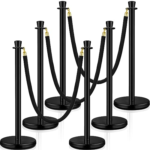 Wesiti 6 Pcs Stainless Steel Stanchion Post Queue with Crown Top 5 ft and 3 Pcs Velvet Rope and Poles Crowd Control Barriers Sand Injection Hollow Base and Velvet Ropes Set for Party (Black) - color: Black