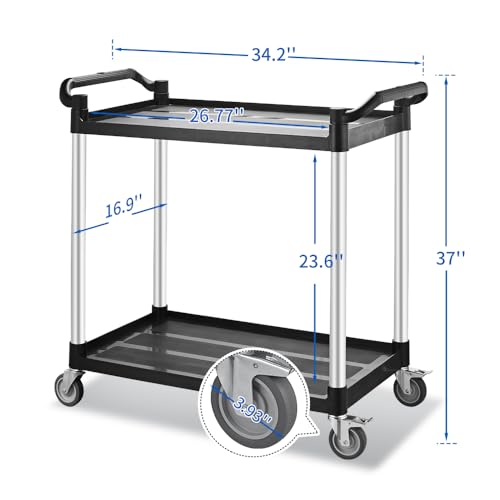 Large Utility Rolling Cart with Wheels,Plastic Utility Cart with 2 Lockable Wheels, Heavy Duty Restaurant Cart,Food Service Cart for Kitchen/Groceies/Warehouse.(2 Tier,34×17×37in / 340lbs) - size: 2 Tier - 34×17×37inches / 340lbs
