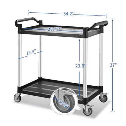 Large Utility Rolling Cart with Wheels,Plastic Utility Cart with 2 Lockable Wheels, Heavy Duty Restaurant Cart,Food Service Cart for Kitchen/Groceies/Warehouse.(2 Tier,34×17×37in / 340lbs) - size: 2 Tier - 34×17×37inches / 340lbs