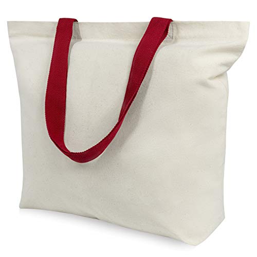 TOPDesign 2-Pack Canvas Tote Bags with Magnetic Snap, Reusable Grocery Shopping Bags, DIY Your Creative Designs - color: Natural / Red