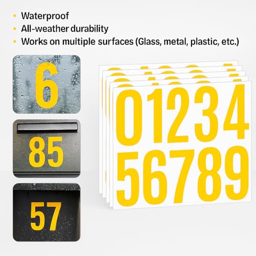 4 Inch Vinyl Number Stickers 0-9, 6 Sheets Waterproof Self-Adhesive Decals for Mailbox, Address Sign, Trash Can, Outdoor Labeling, Durable Peel and Stick Numbers, DIY Labeling（Yellow） - color: Yellow