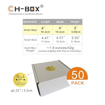 50 Pack 4x4x2'' Small Shipping Boxes, Corrugated Cardboard Mailers for Business, with Thank you stickers, White (CM442-TKS)